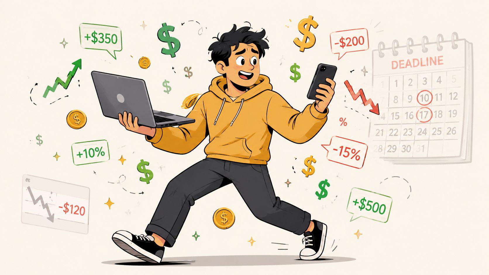 A young person balancing finances, work deadlines, and investment growth with a laptop and smartphone.
