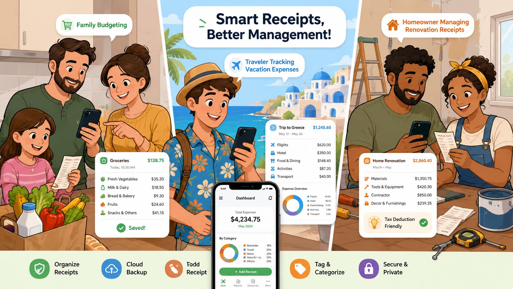A digital app interface illustrating various ways to manage receipts for family, travel, and home renovation expenses.