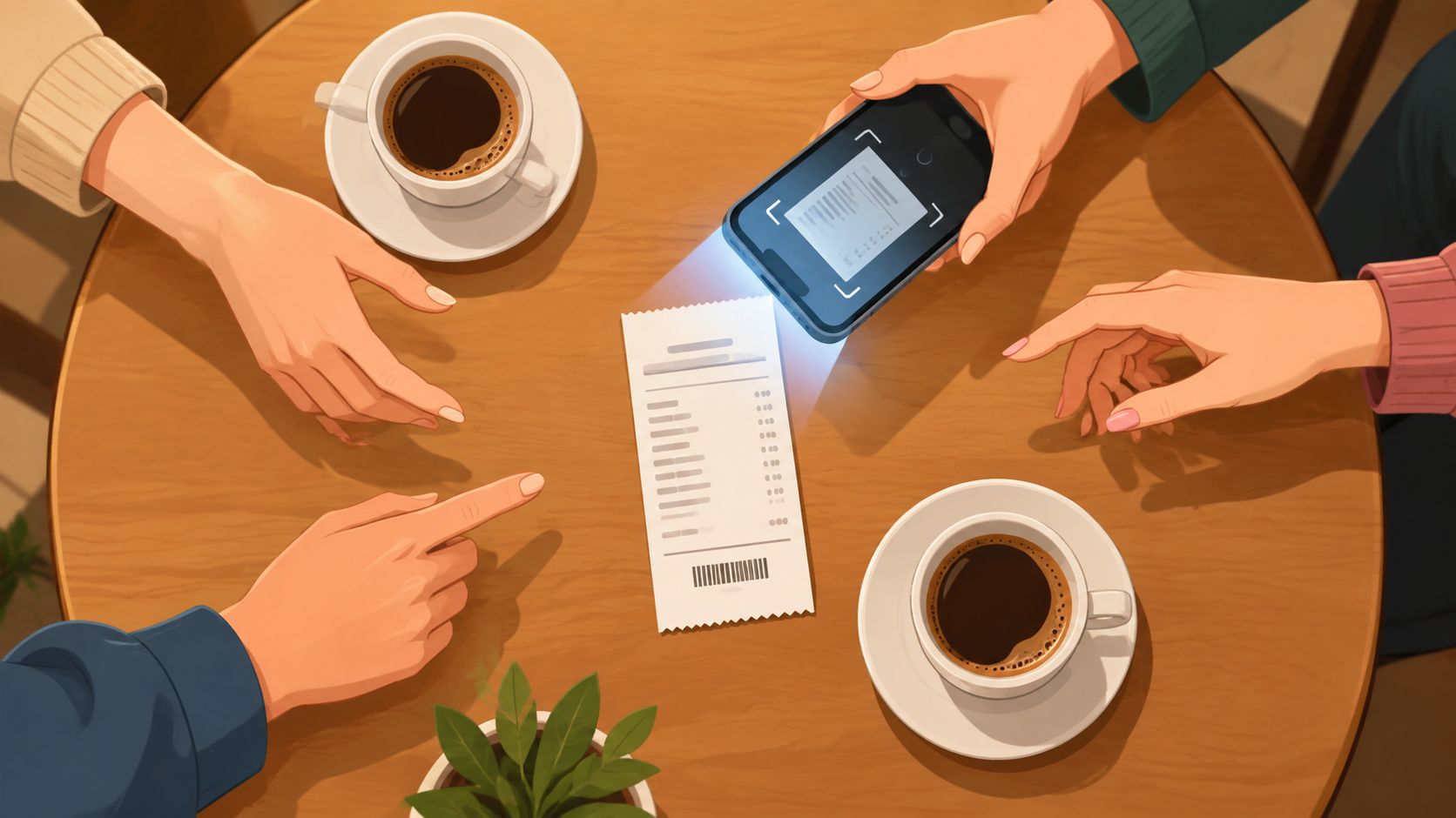 People scanning a paper receipt using a smartphone app while sitting at a table with coffee.