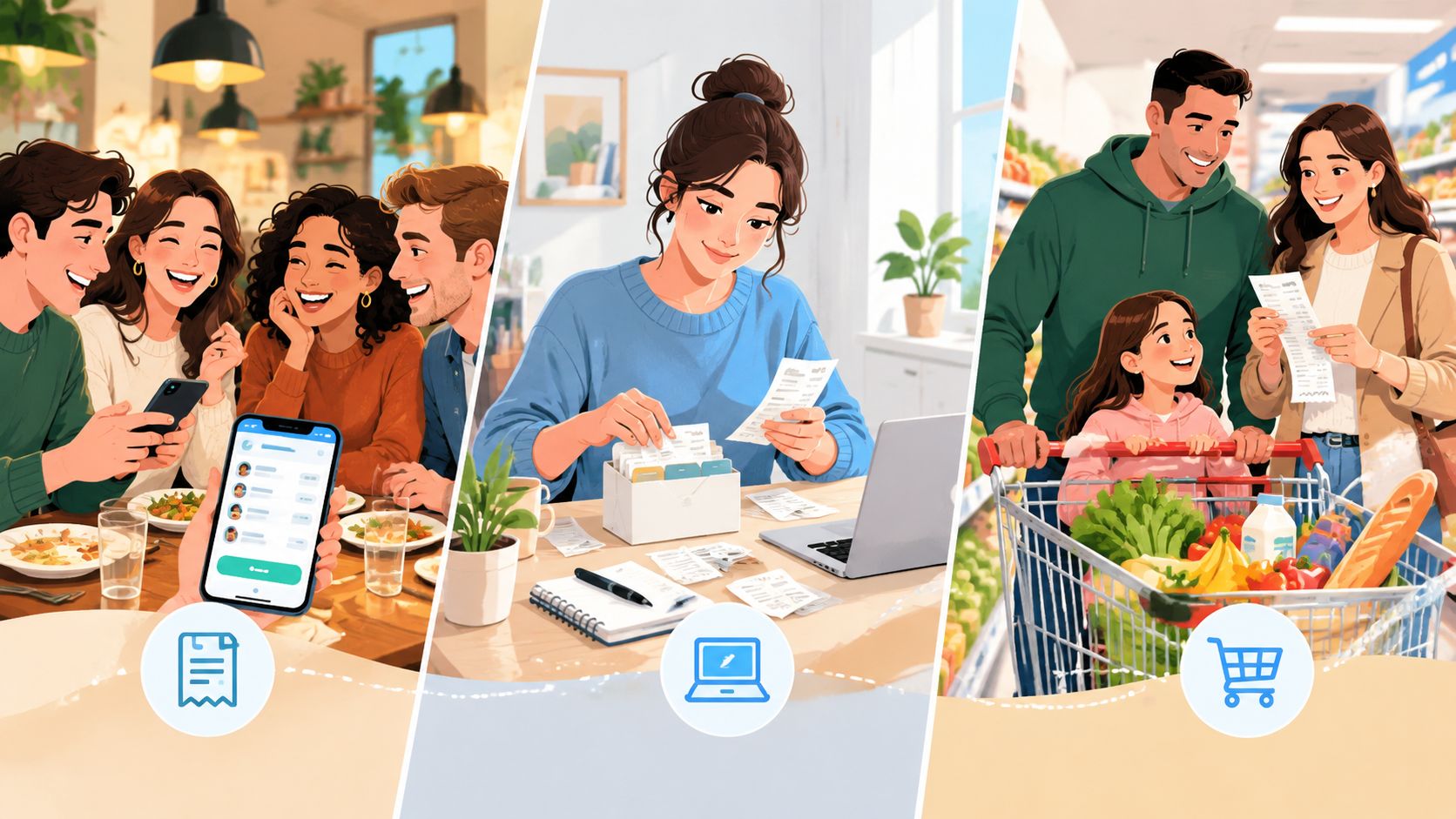 A three-panel illustration showing people using a mobile app to organize digital and paper shopping receipts.