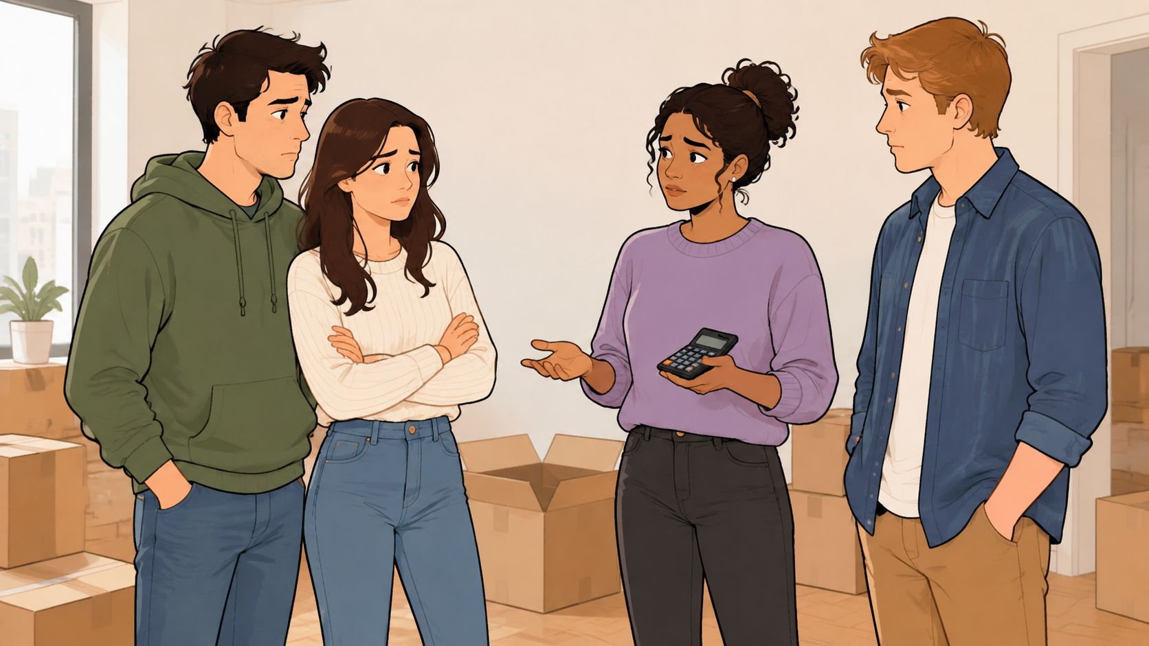 A group of friends discussing moving expenses with a calculator while standing among cardboard moving boxes.
