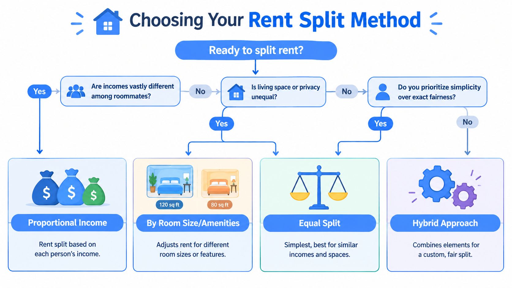 A flowchart titled Choosing Your Rent Split Method helping roommates decide on fair rent division strategies.
