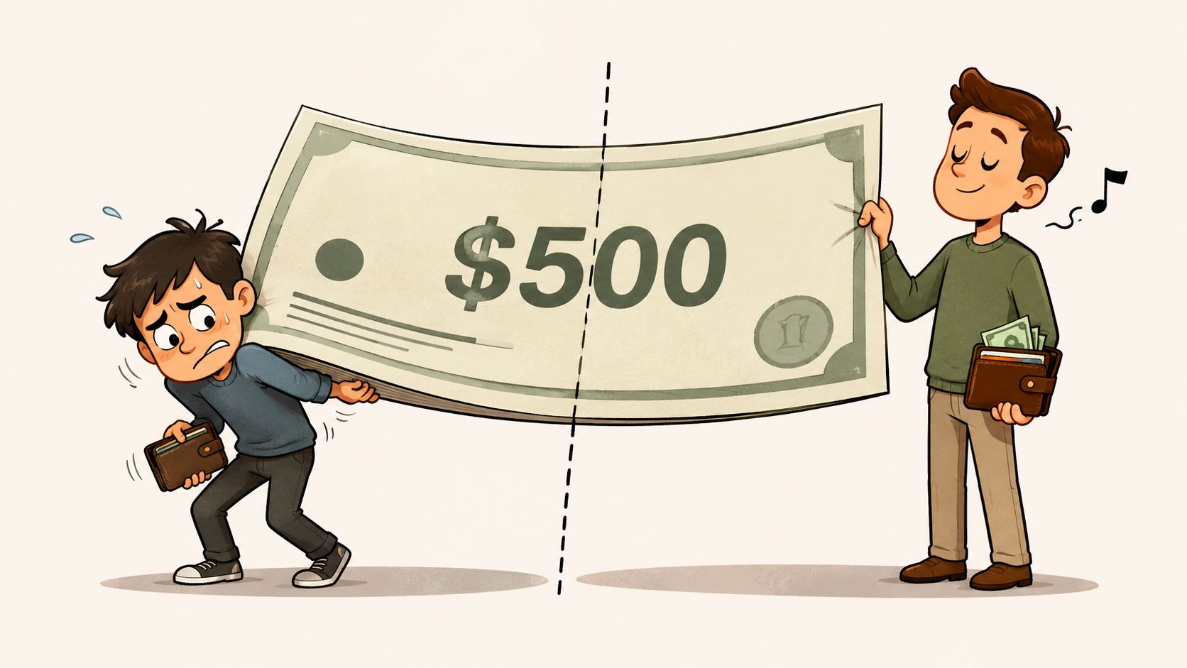A split illustration comparing a stressed person struggling with expenses versus a calm person managing money.