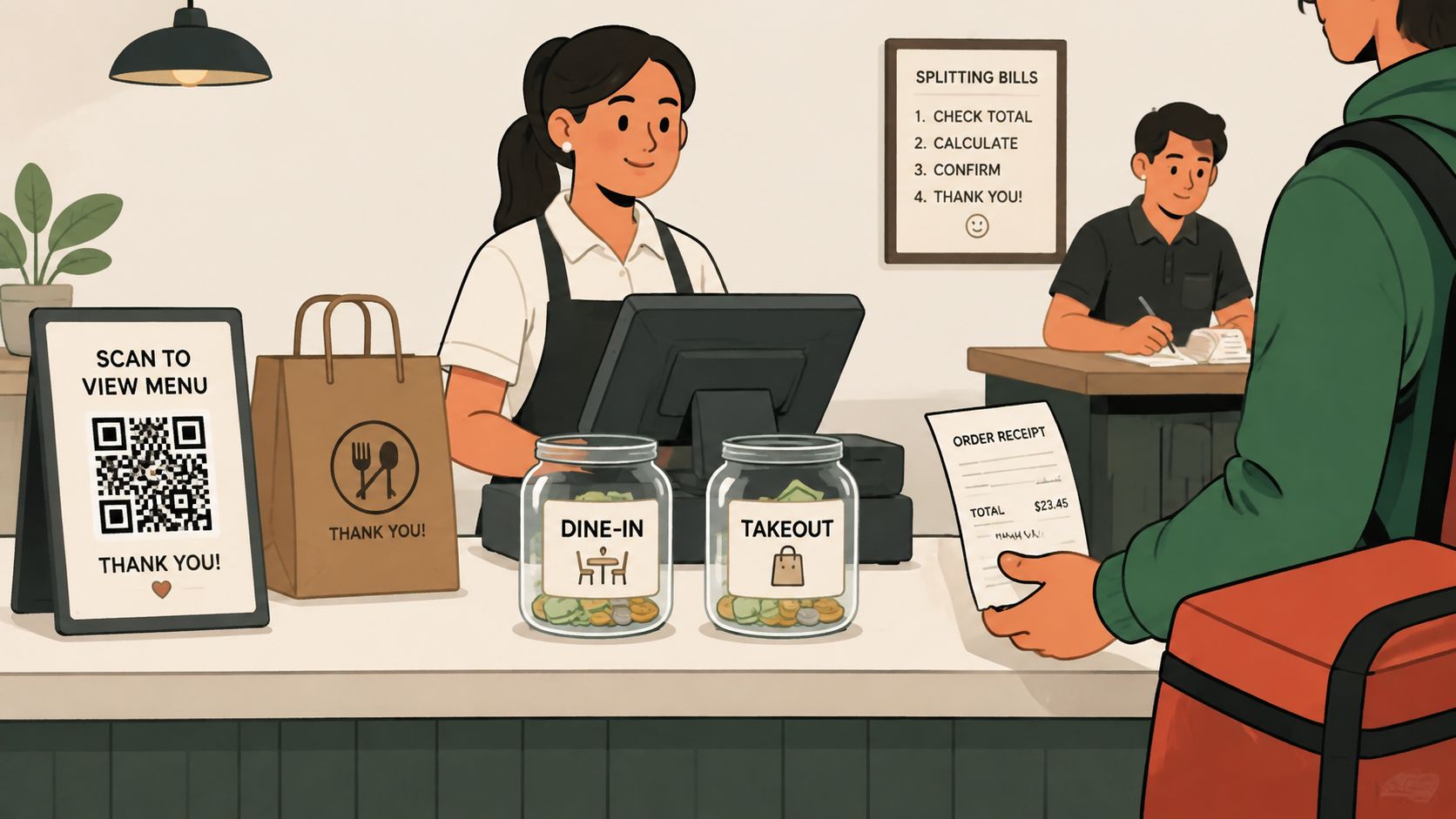 A friendly cashier at a restaurant counter helps a customer with bill splitting and payment.