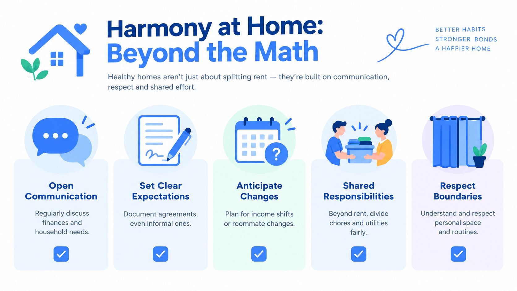 A colorful infographic illustrating five essential tips for maintaining a healthy and harmonious living environment with roommates.